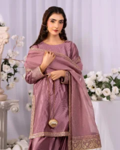 Sha Posh Chambray Katan 3PC formal wear suit in dusty pink with tilla embroidery – front view
