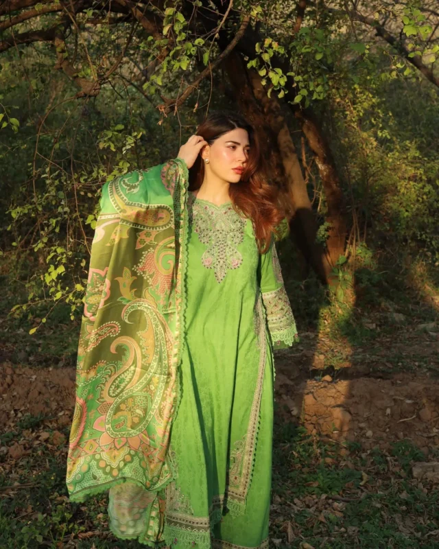 Sha Posh Jacquard Cotton 3PC party wear suit in green with tilla embroidery and silk dupatta