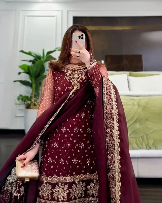 Sha Posh maroon organza gharara 3-piece party wear festive collection front view