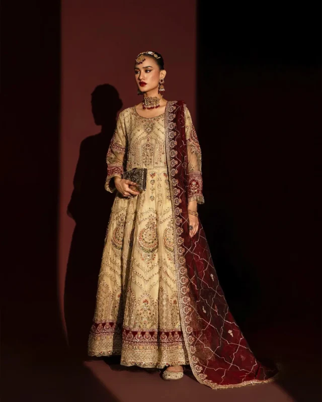 Sha Posh Tissue Maxi 3-piece party wear formal gown in skin color — authentic Pakistani designer dress