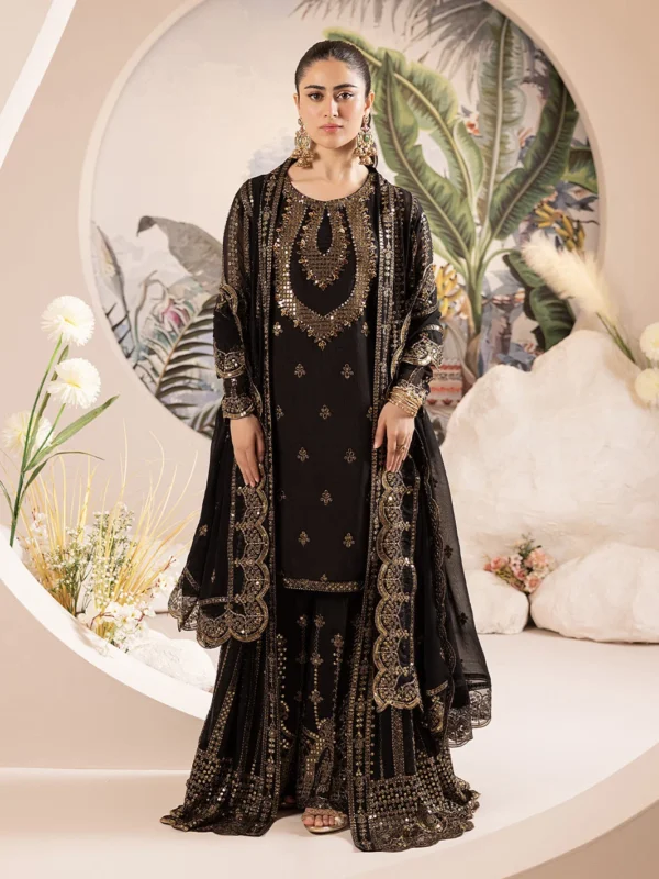 ShahJahan Official Allure black embroidered chiffon party wear gown - front view