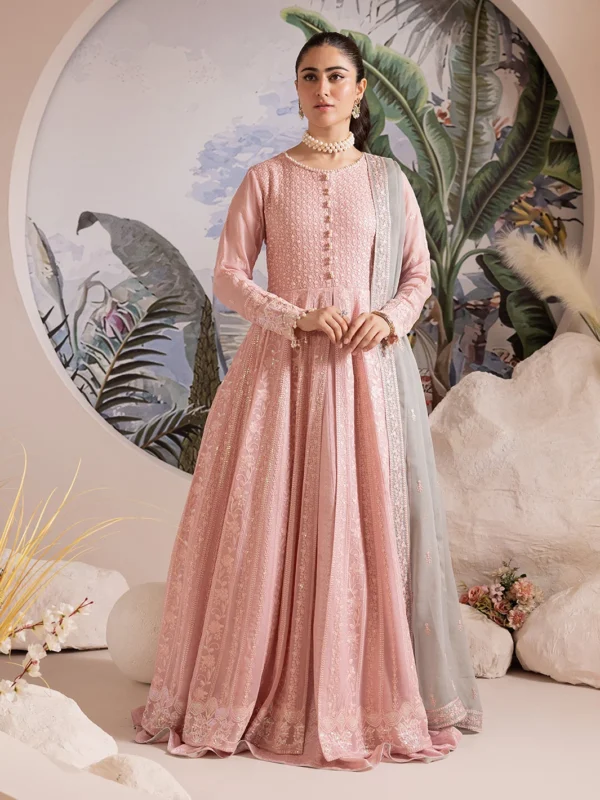 ShahJahan Allure pink embroidered chiffon party wear frock with sequence work – official collection