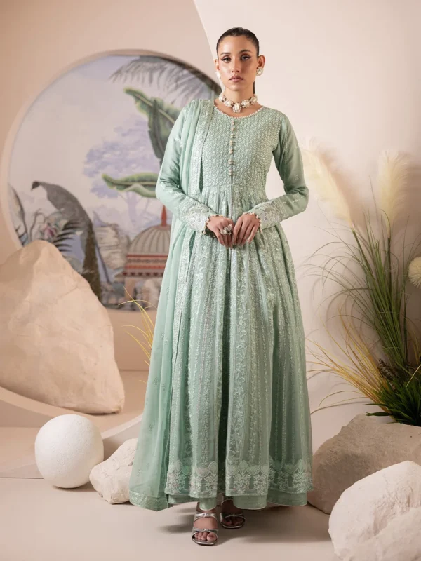 ShahJahan Official Allure sea green embroidered chiffon frock party wear 3-piece set