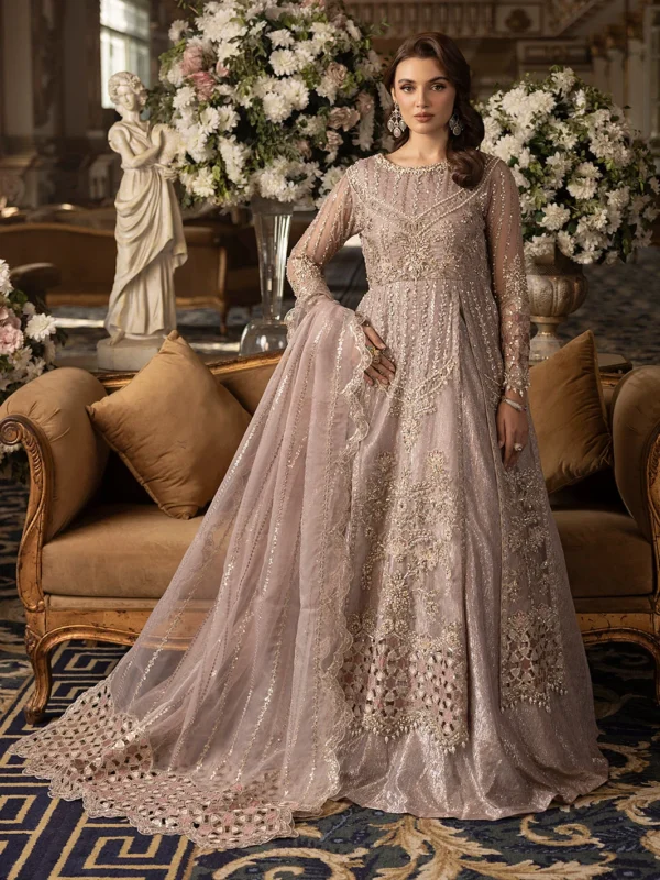 ShahJahan Official Lilac Organza Maxi Formal Wear Dress with Crystal and Stone Embellishments