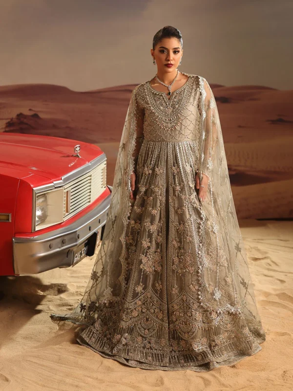 ShahJahan Official gray embellished net maxi gown – luxury bridal party wear front view