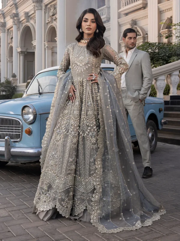 ShahJahan Official Grey Organza Embroidered Maxi Party Wear – Dyaar e Ishq Collection front view