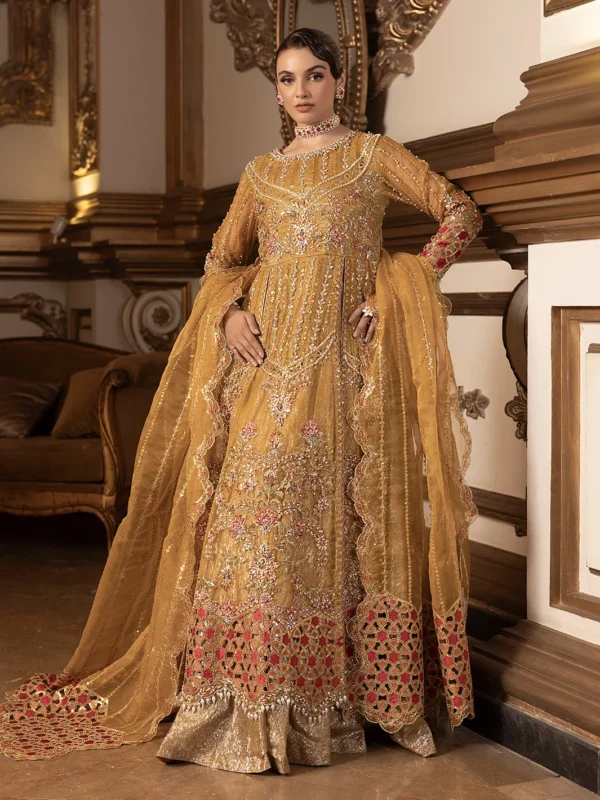 ShahJahan Official Mustard Majesty organza maxi luxury formal wear with adda and crystal embellishments