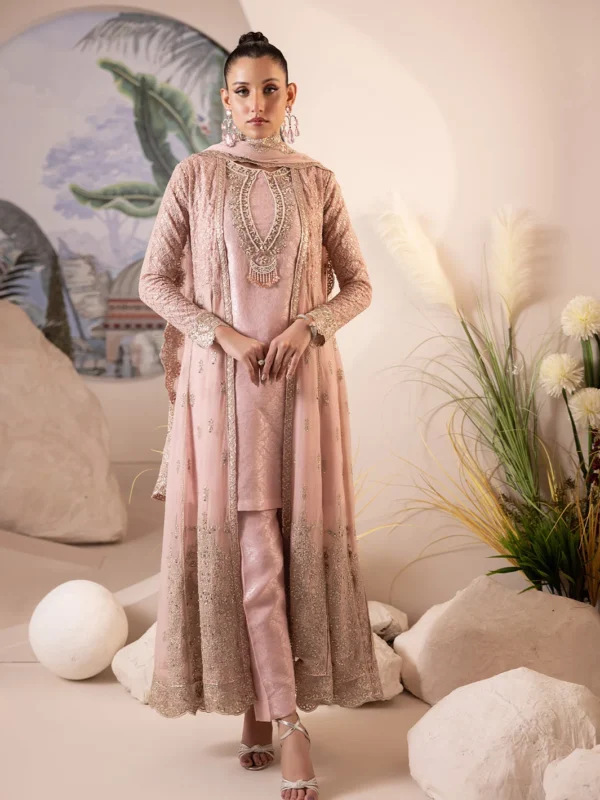 ShahJahan Official Allure peach embroidered party wear gown with stone work – front view
