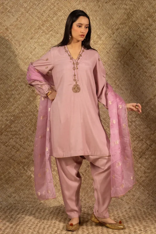 Gilded Polki Candy Pink Pakistani formal wear 3-piece Raw Silk Lurex suit with Organza dupatta — Zilverah