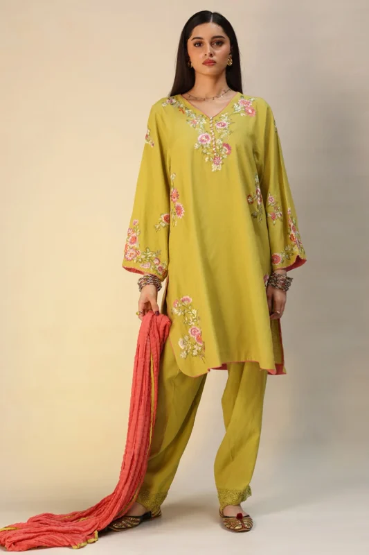 Summer 2026 Oriental Dreams olive green embroidered 3-piece raw silk formal wear suit with pearl neckline detailing